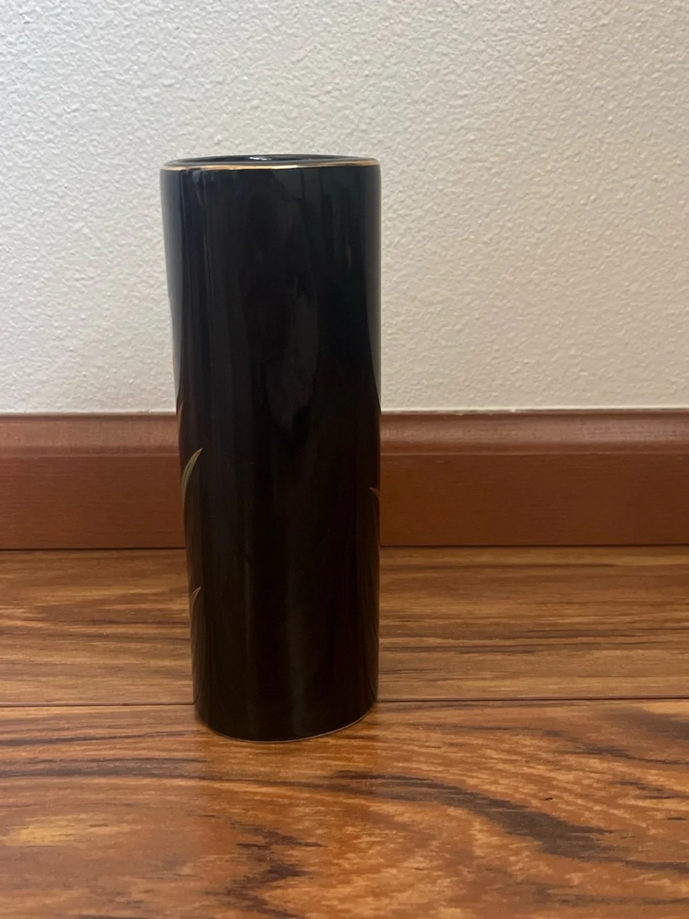 Otagiri Black Cylinder Vase with Orange and White Floral Motif (made in Japan)